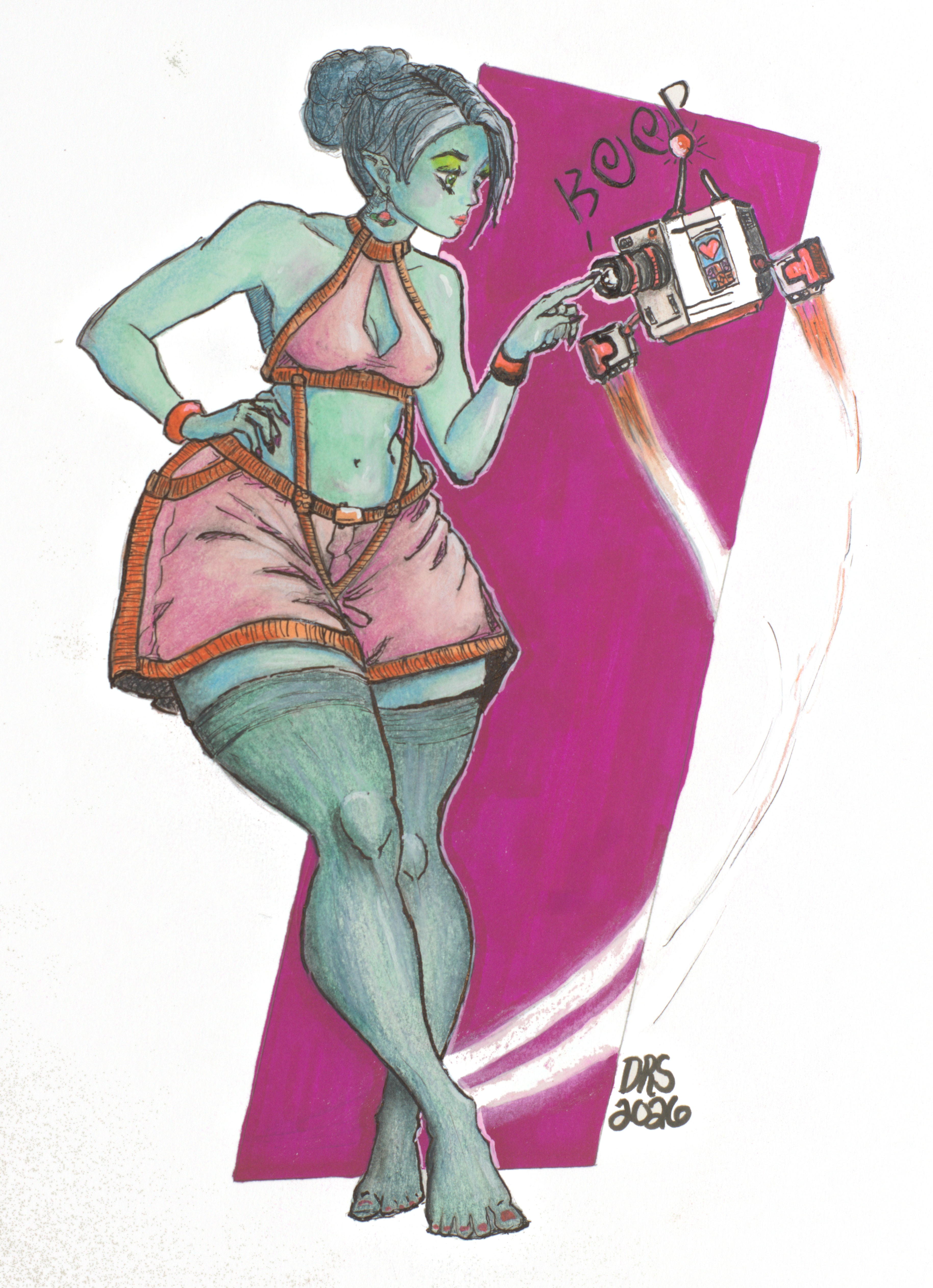 A blue-green figure in a pink halter and shorts points at a small flying robot with a heart on its screen. A magenta panel is behind them, with the word Boop written above the robot.