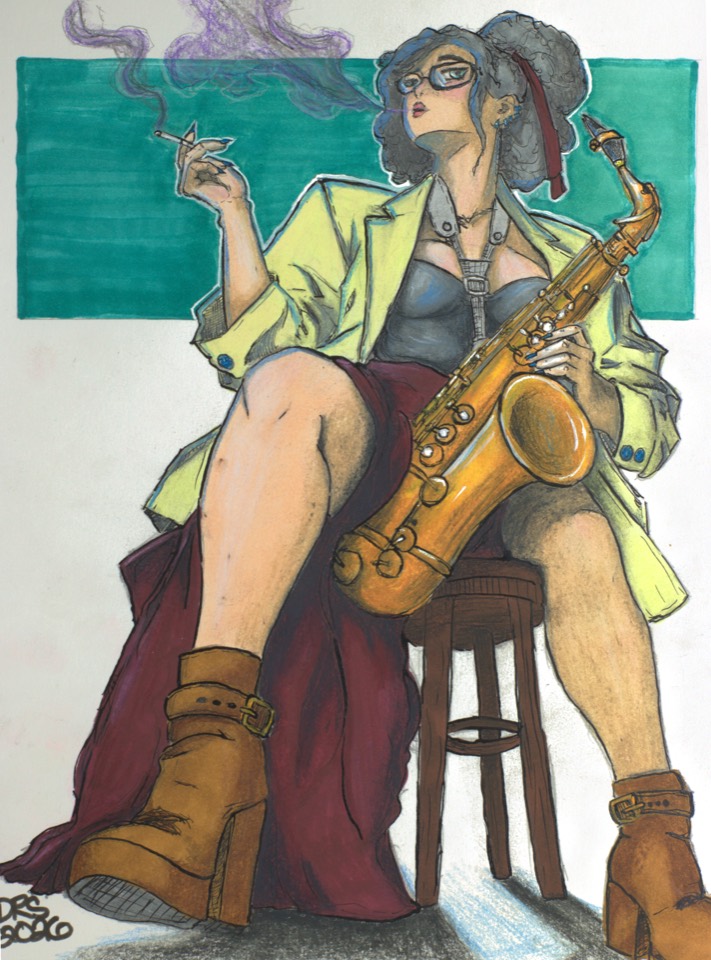 A seated figure in a pale yellow blazer, burgundy skirt, and platform boots holds a saxophone and a lit cigarette, with a teal panel behind them.