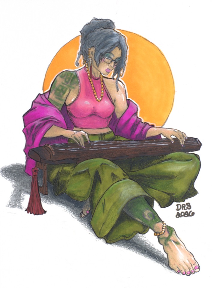 A seated figure with gray hair in a bun and glasses plays a guqin, wearing a pink top, a magenta robe, and green trousers, against an orange disc.